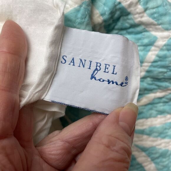 Sanibel Home Pillow Shams (2) Set Standard Turquoise Geometric Quilted Tie Back - Picture 3 of 9